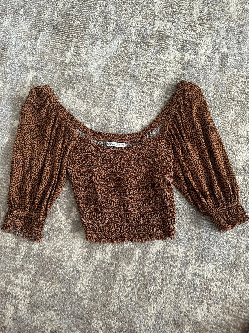 Urban Outfitters Brown Leopard Smocked Puff-Sleeve Crop Top - Picture 1 of 5